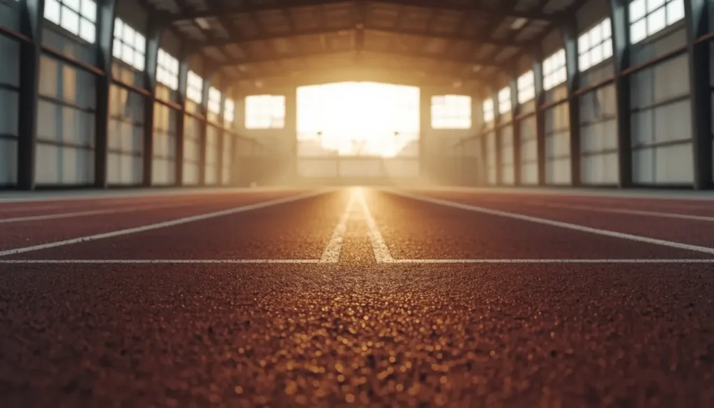 Motivational wallpaper for gym showing an indoor running track with warm sunrise light symbolizing focus endurance and fitness goals