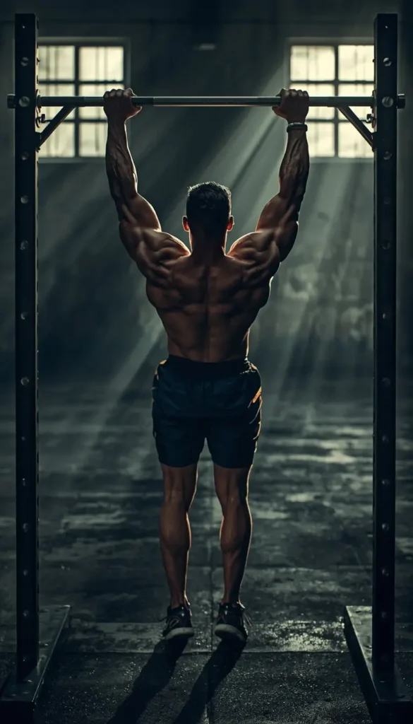 Motivational wallpaper for gym showing a muscular athlete performing pull ups in a dramatic gym training environment