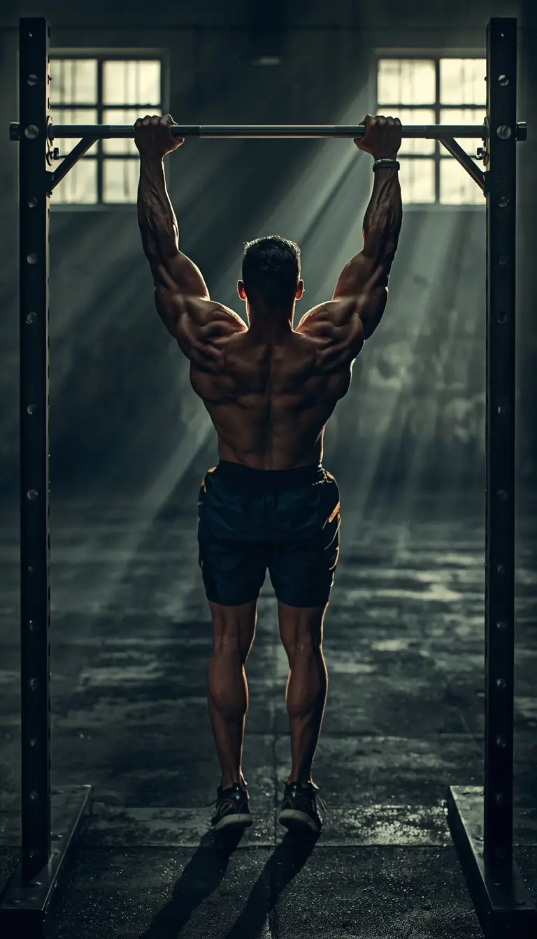 Motivational wallpaper for gym showing a muscular athlete performing pull ups in a dramatic gym training environment