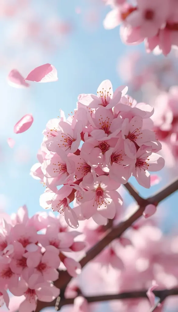 Soft pink cherry blossom flowers on branch against blue sky beautiful pink flower wallpaper for phone and desktop background