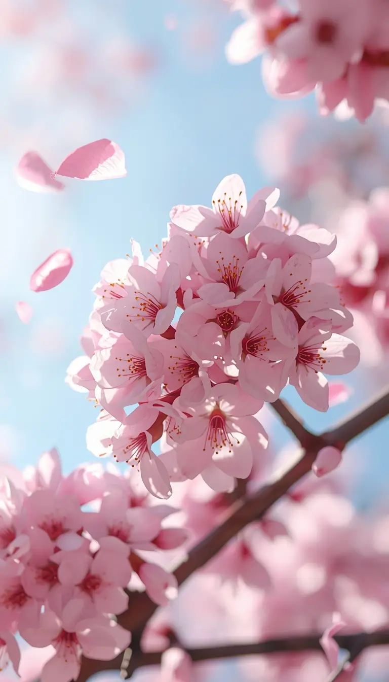 Soft pink cherry blossom flowers on branch against blue sky beautiful pink flower wallpaper for phone and desktop background
