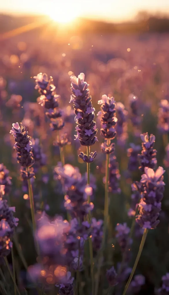 Purple lavender flowers glowing in sunset light aesthetic purple flower wallpaper for phone and desktop background