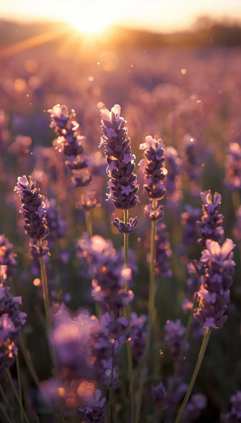 Purple lavender flowers glowing in sunset light aesthetic purple flower wallpaper for phone and desktop background