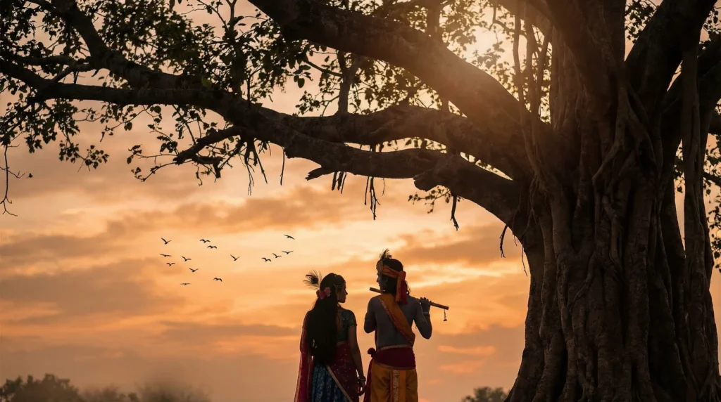 Radha and Krishna silhouette at sunset under tree radha-krishna-wallpaper