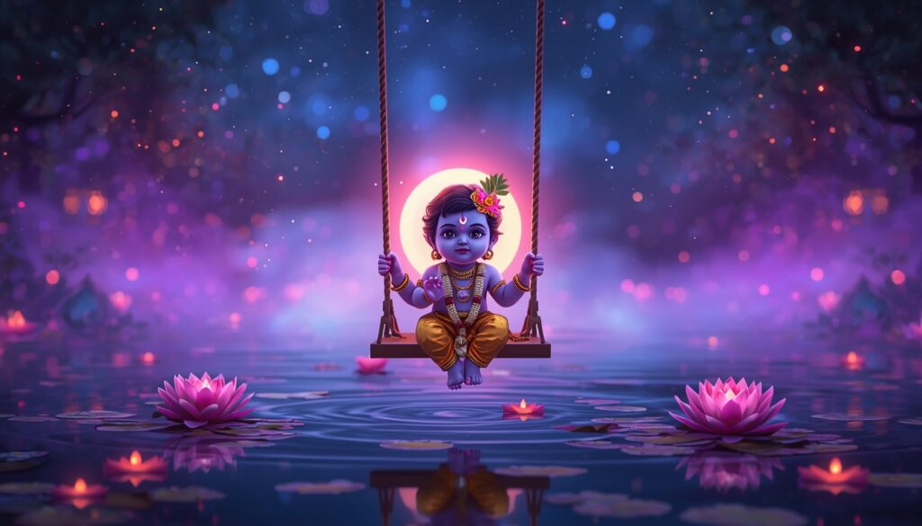 Cute Bal Krishna on swing with lotus flowers radha-krishna-wallpaper night scene