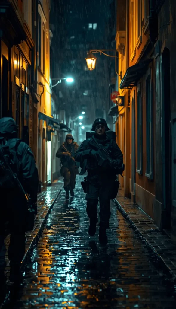Rainbow Six Siege tactical team running through rainy alley at night with glowing street lights 4K wallpaper