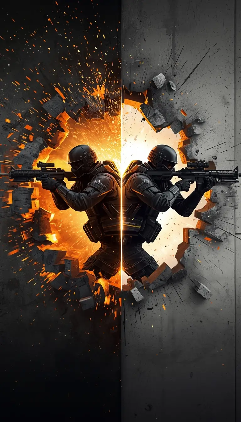 Two tactical operators breaching wall rainbow-six-siege-wallpaper explosive action r6 wallpaper gaming background.