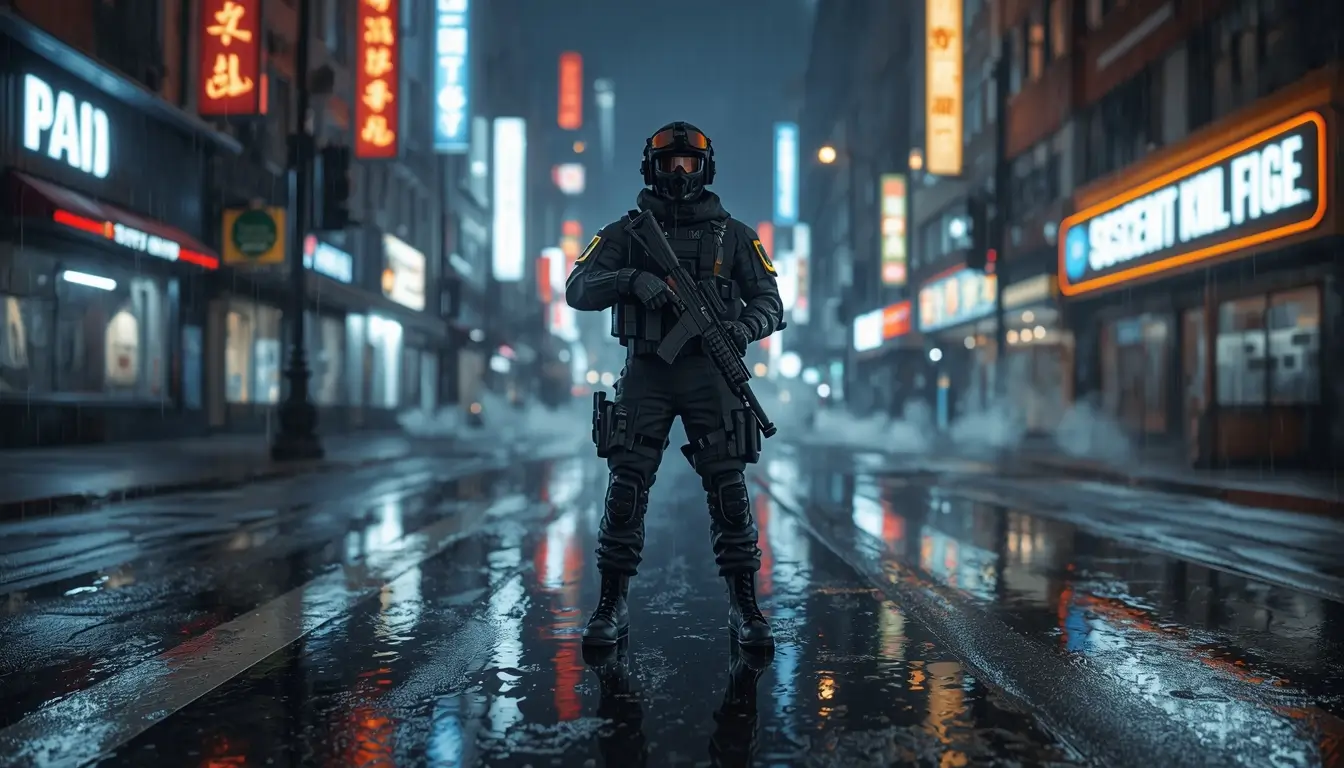 Rainbow Six Siege operator standing in neon city street at night with rain reflections 4K wallpaper