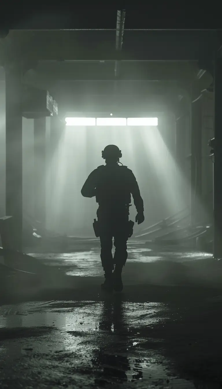 Rainbow Six Siege operator silhouette walking in dark tunnel with light beams and fog 4K wallpaper