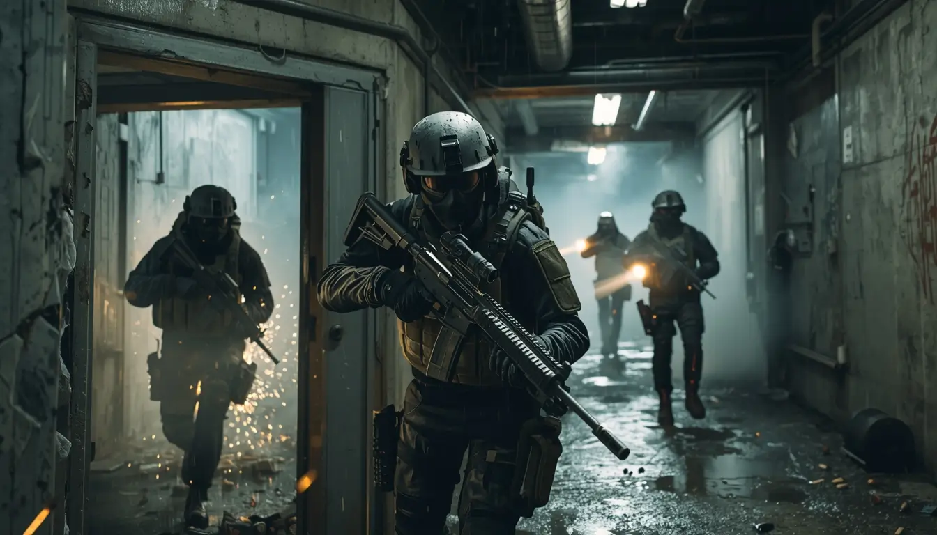 Tactical squad advancing in corridor rainbow-six-siege-wallpaper-4k action scene r6 wallpaper gaming background.