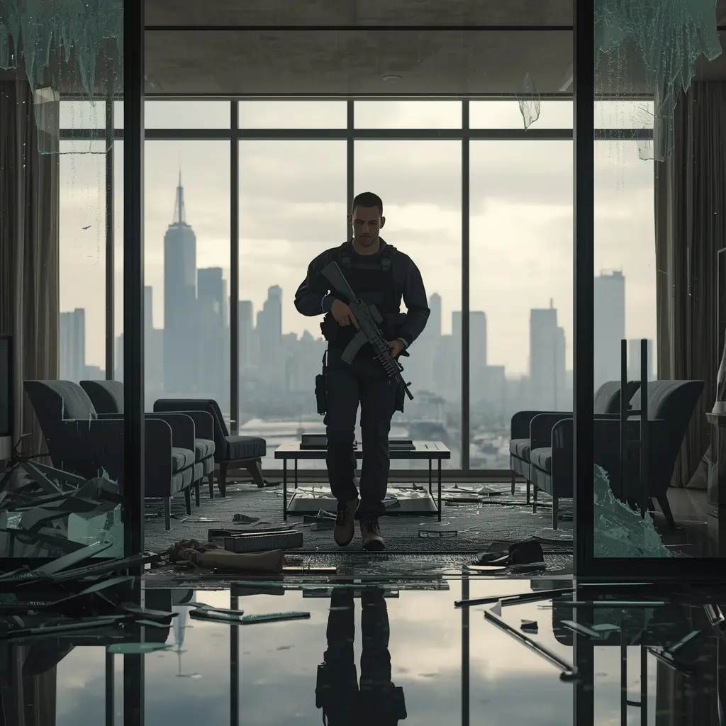 Rainbow Six Siege operator walking in broken high-rise with city skyline view 4K wallpaper