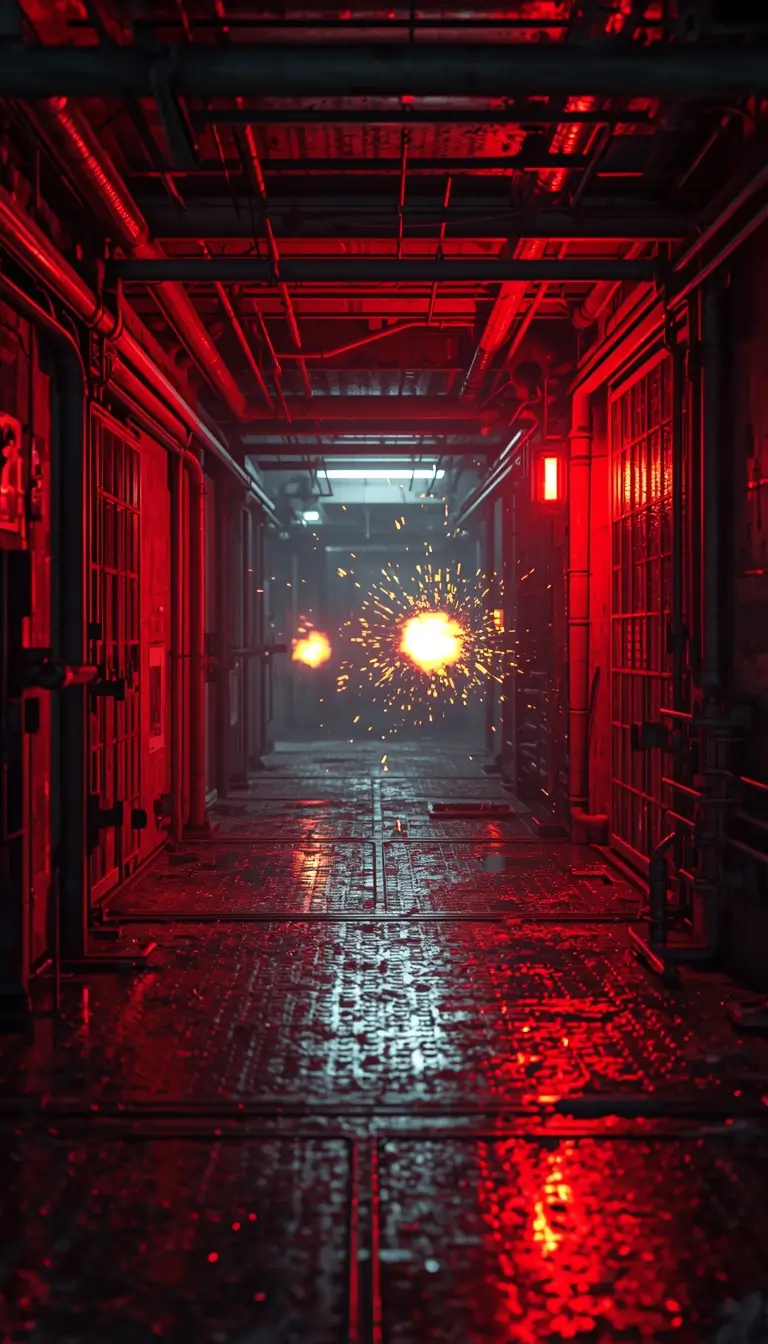 Rainbow Six Siege red-lit corridor firefight with sparks and gunfire in industrial setting 4K wallpaper