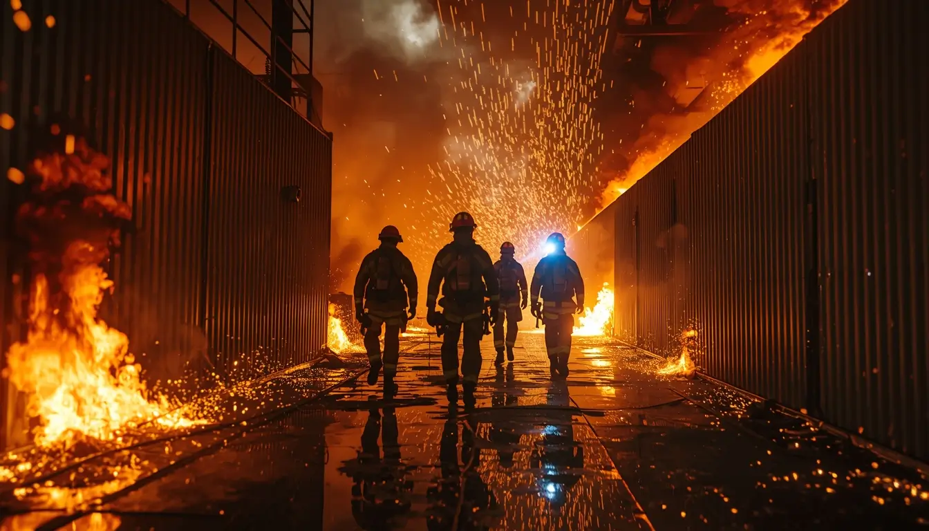 Rainbow Six Siege team walking through fire and sparks in industrial area 4K wallpaper