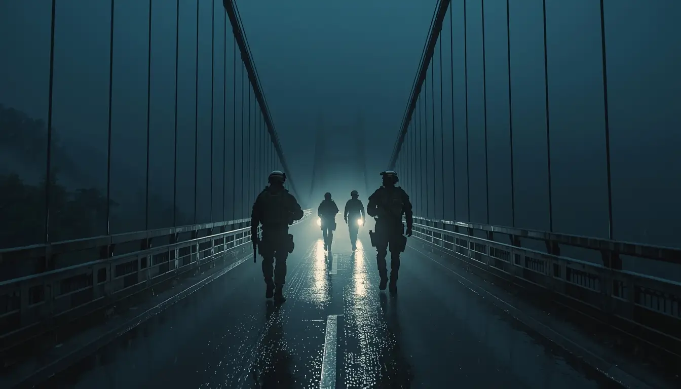 Rainbow Six Siege team crossing foggy bridge at night with headlights and wet reflections 4K wallpaper