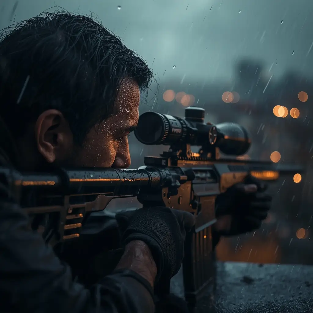 Rainbow Six Siege sniper aiming rifle in rain with water droplets and blurred city lights 4K wallpaper