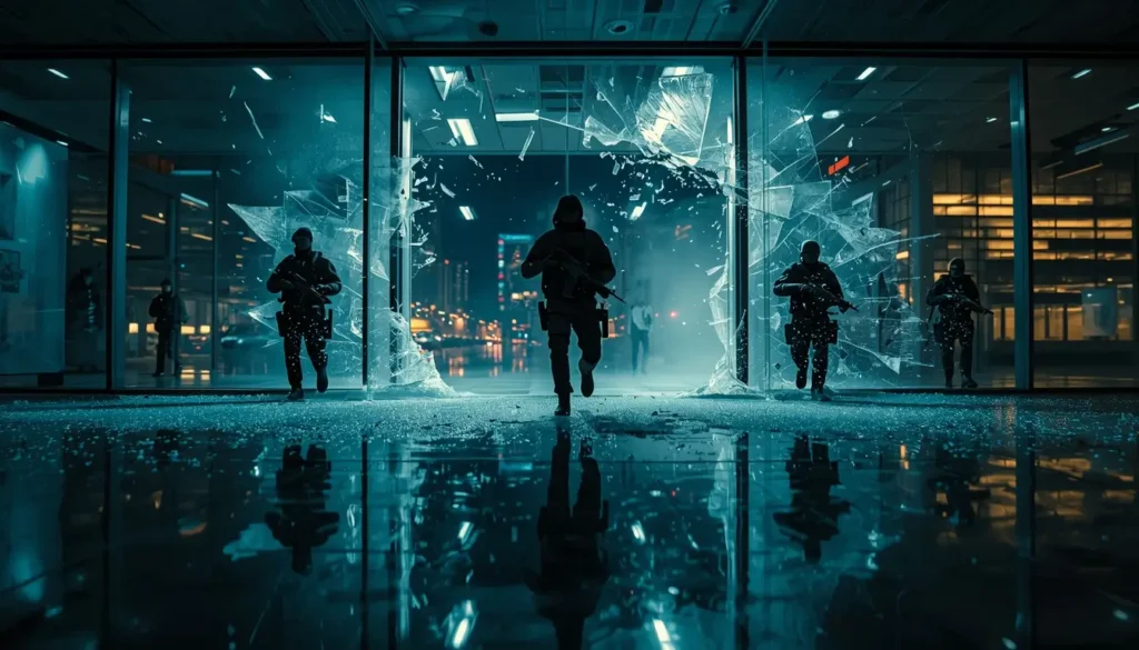 Rainbow Six Siege operators breaking through glass wall with reflections and blue lighting 4K wallpaper