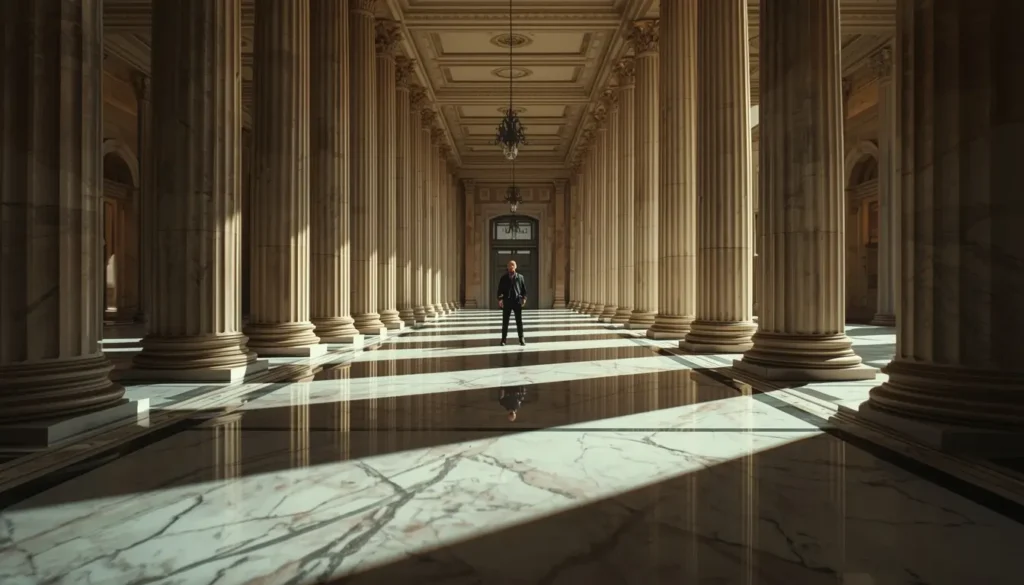 Rainbow Six Siege operator standing in grand hall with columns and marble reflections 4K wallpaper