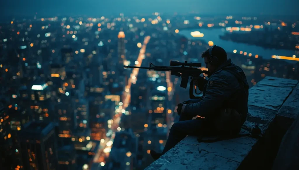 Rainbow Six Siege sniper sitting on rooftop overlooking city skyline at night 4K wallpaper