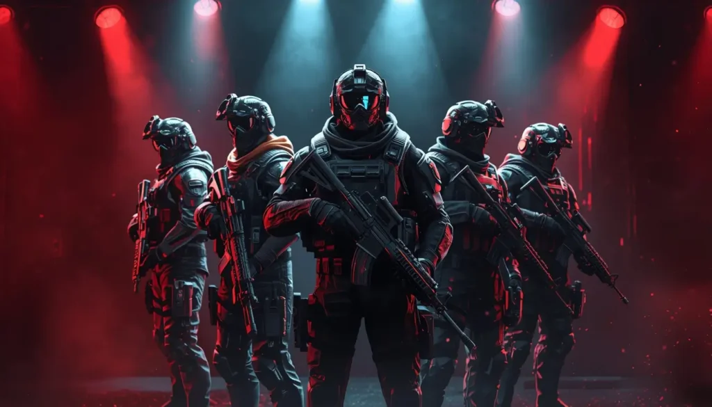 Elite tactical operator squad under red blue lights rainbow-six-siege-wallpaper-4k cinematic r6 wallpaper gaming background.