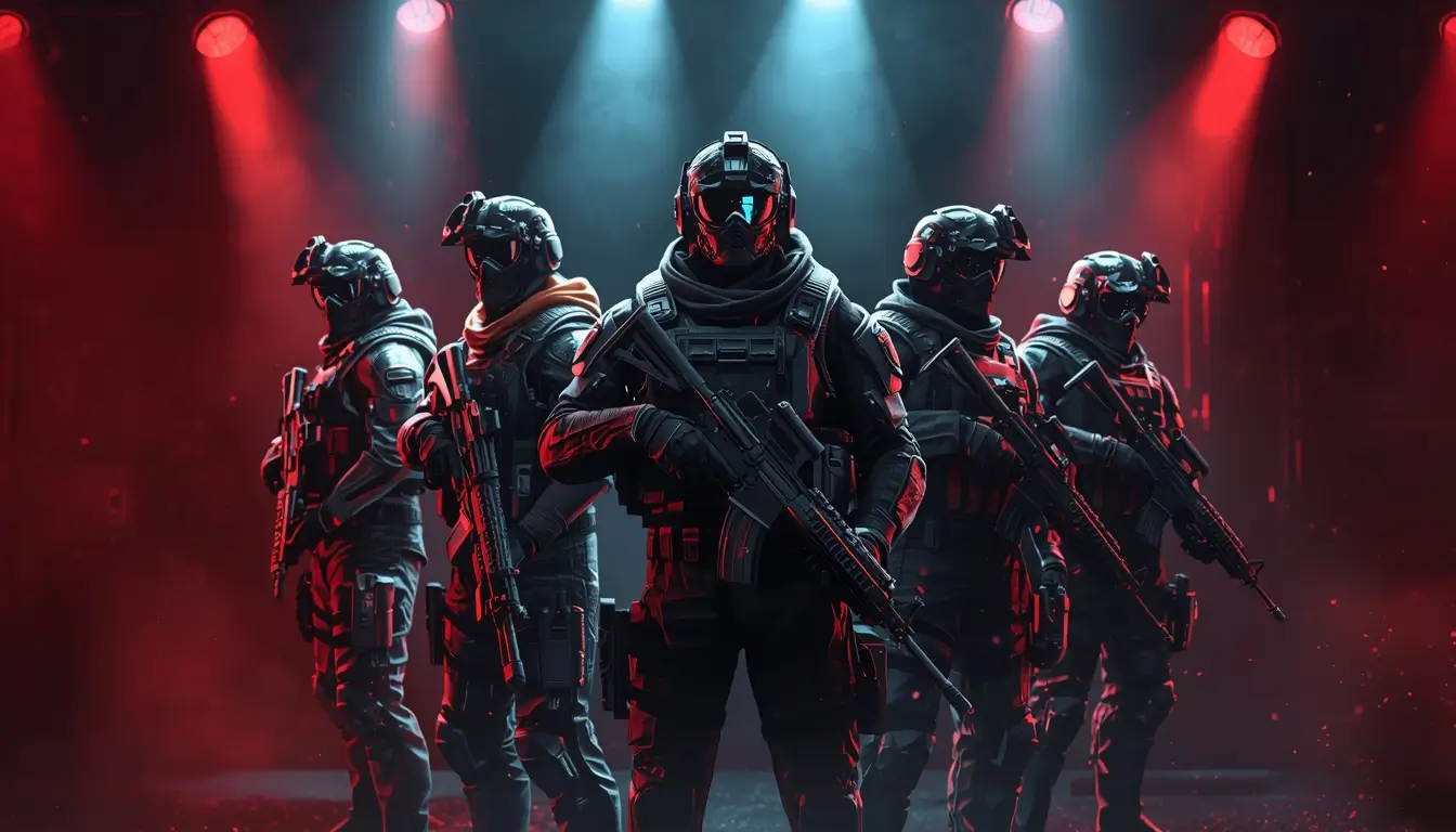 Elite tactical operator squad under red blue lights rainbow-six-siege-wallpaper-4k cinematic r6 wallpaper gaming background.