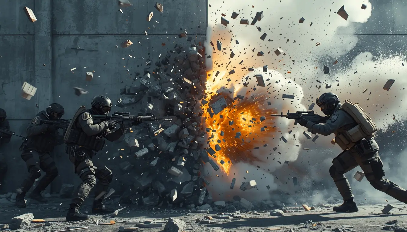 Operators breaching concrete wall explosion rainbow-six-siege-wallpaper-4k cinematic r6 wallpaper action gaming background.