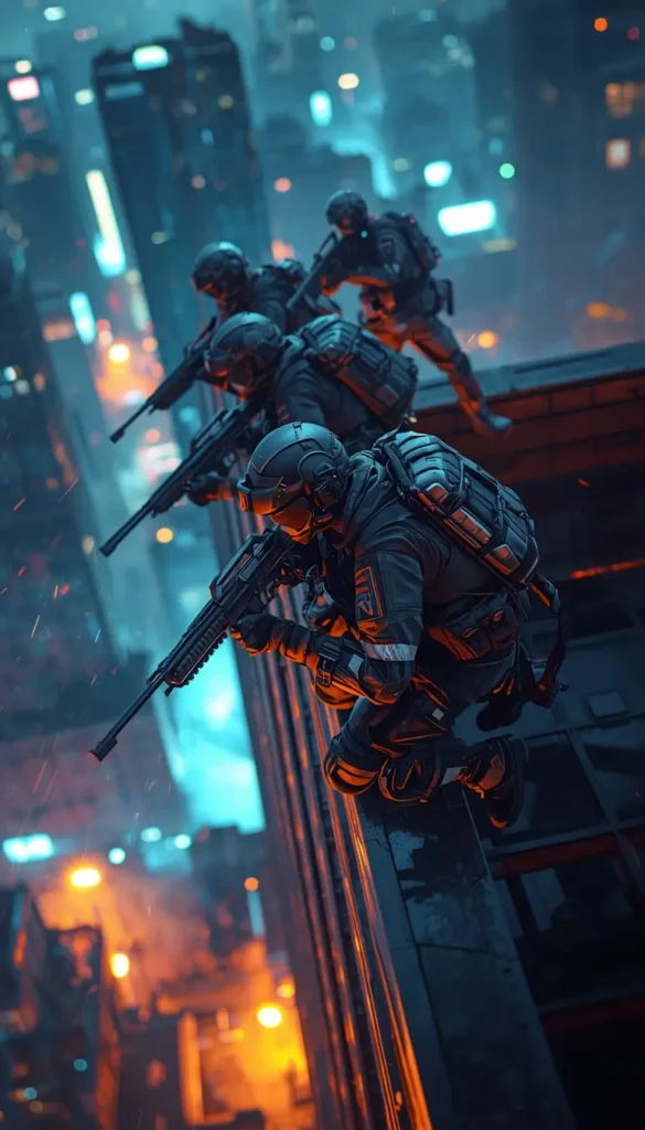 Tactical squad rappelling from rooftop rainbow-six-siege-wallpaper-4k night city action cinematic r6 wallpaper gaming background.
