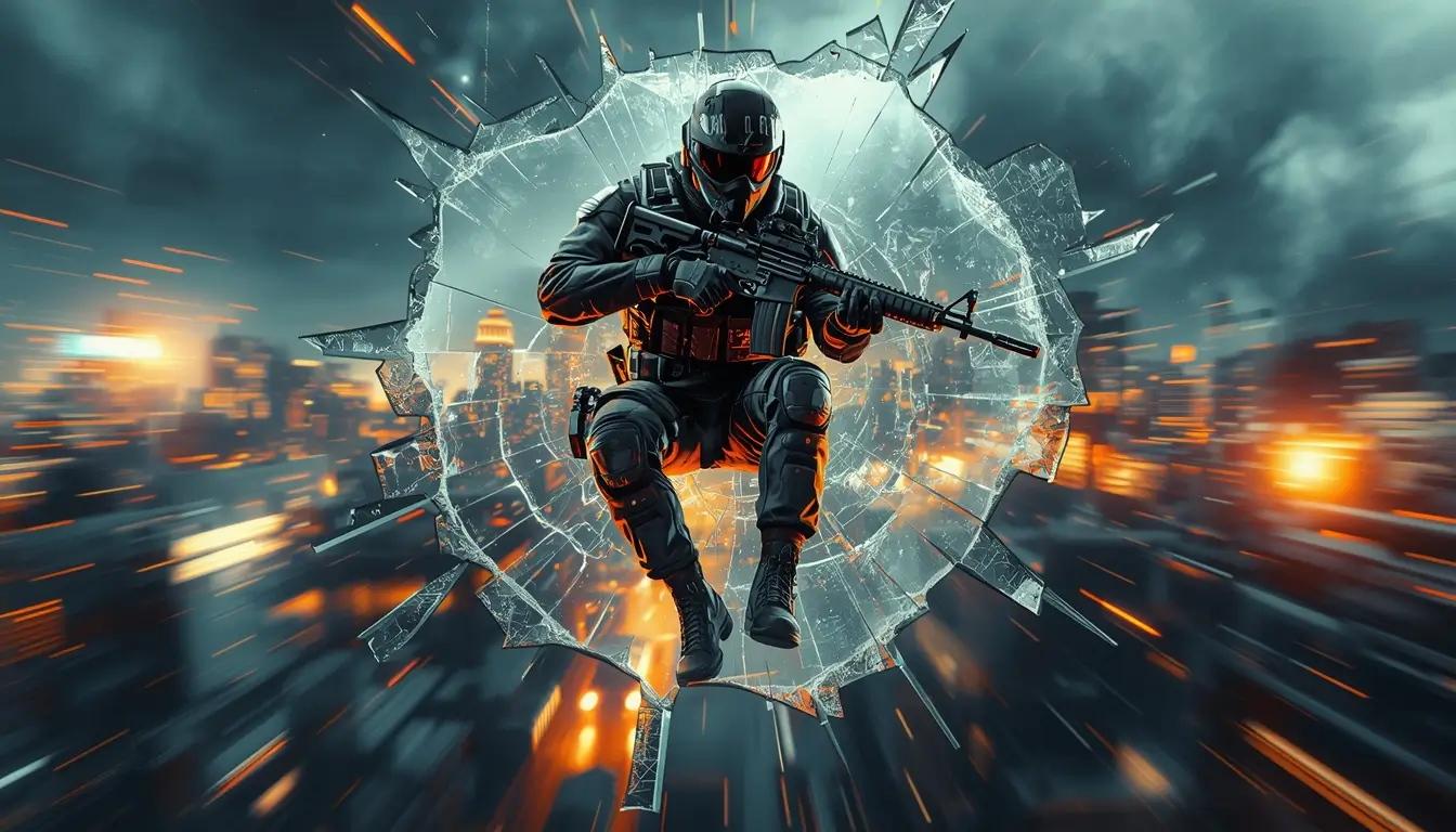 Operator jumping through shattered glass rainbow-six-siege-wallpaper-4k cinematic r6 wallpaper action gaming background.