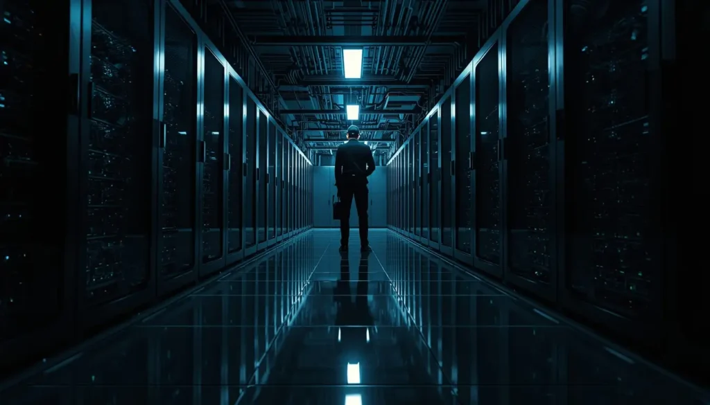 Rainbow Six Siege operator in dark server room 4K wallpaper with blue lighting and futuristic tech background