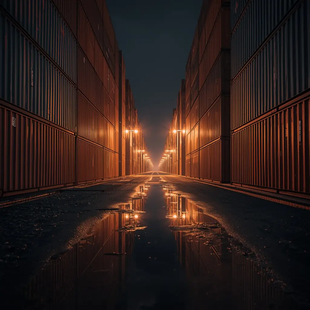 Rainbow Six Siege container yard at night with glowing lights and wet reflections 4K wallpaper