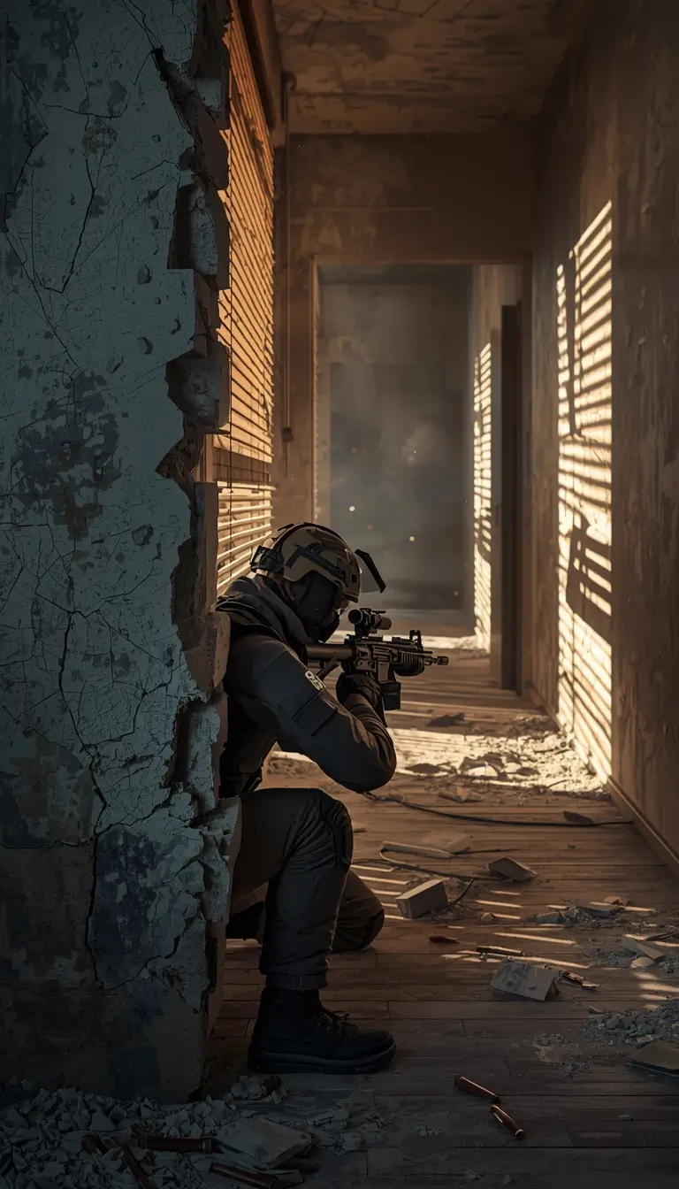 Tactical operator aiming in ruined hallway rainbow-six-siege-wallpaper-4k cinematic r6 wallpaper gaming background.