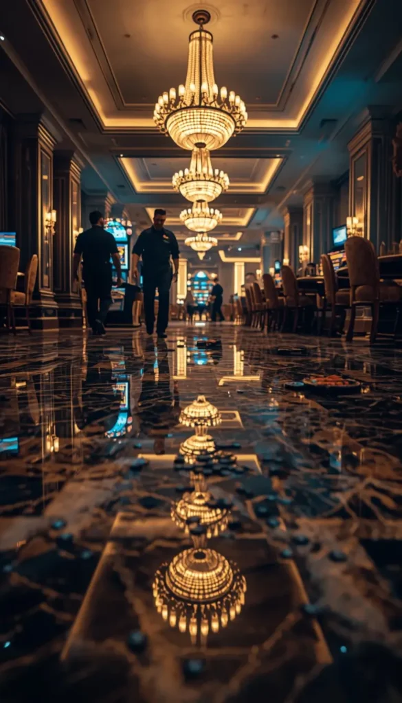 Rainbow Six Siege operators inside luxury casino with chandeliers and reflective floor 4K wallpaper