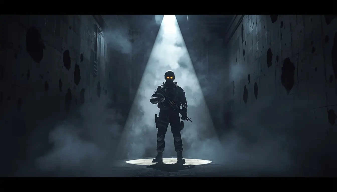 Dark tactical operator under spotlight rainbow-six-siege-wallpaper cinematic r6 wallpaper gaming background.