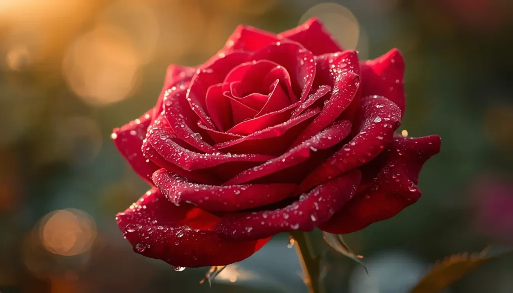 Macro red rose with water droplets glowing in sunlight beautiful red flower wallpaper for phone and desktop background