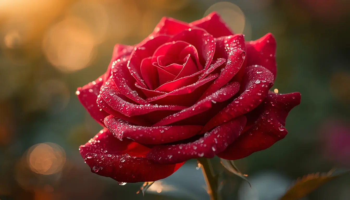 Macro red rose with water droplets glowing in sunlight beautiful red flower wallpaper for phone and desktop background