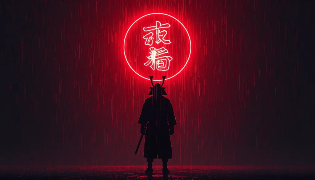 Samurai silhouette in rain under red neon symbol super amoled black wallpaper 4k style