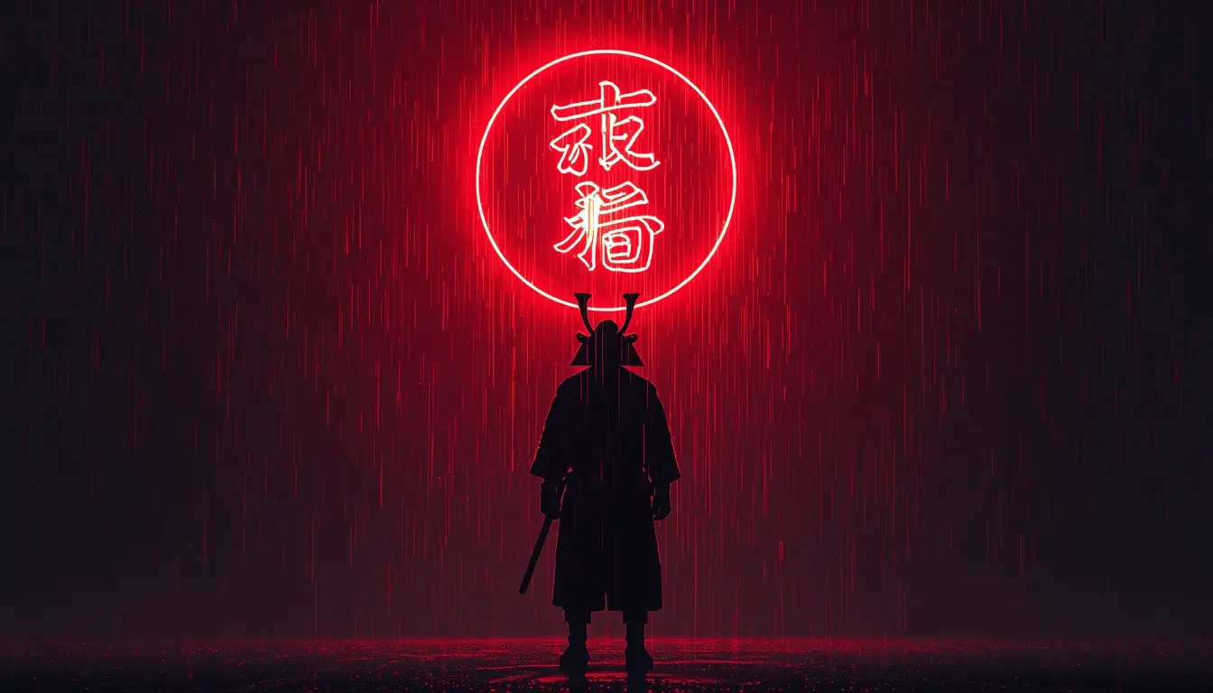 Samurai silhouette in rain under red neon symbol super amoled black wallpaper 4k style