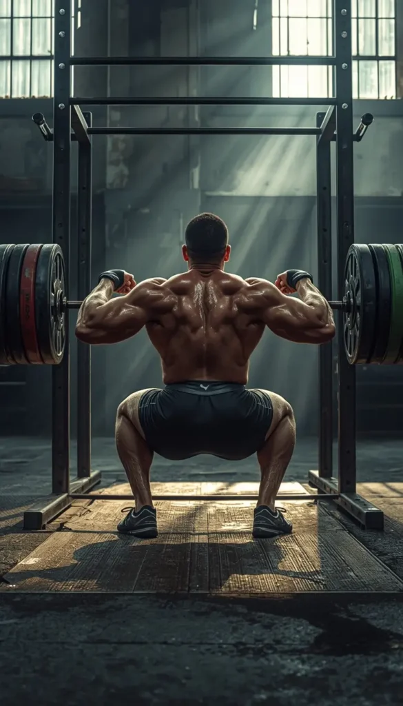 Wallpaper motivation gym showing a muscular athlete performing a heavy barbell squat in a dramatic gym training scene