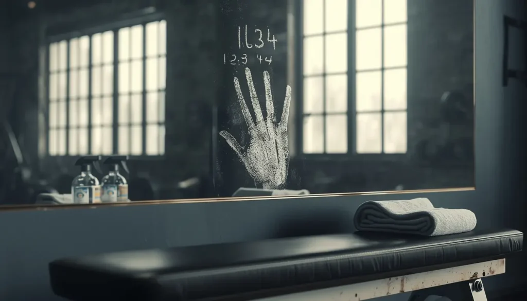 Wallpaper motivation gym showing a chalk handprint on a gym mirror with workout numbers symbolizing progress and discipline