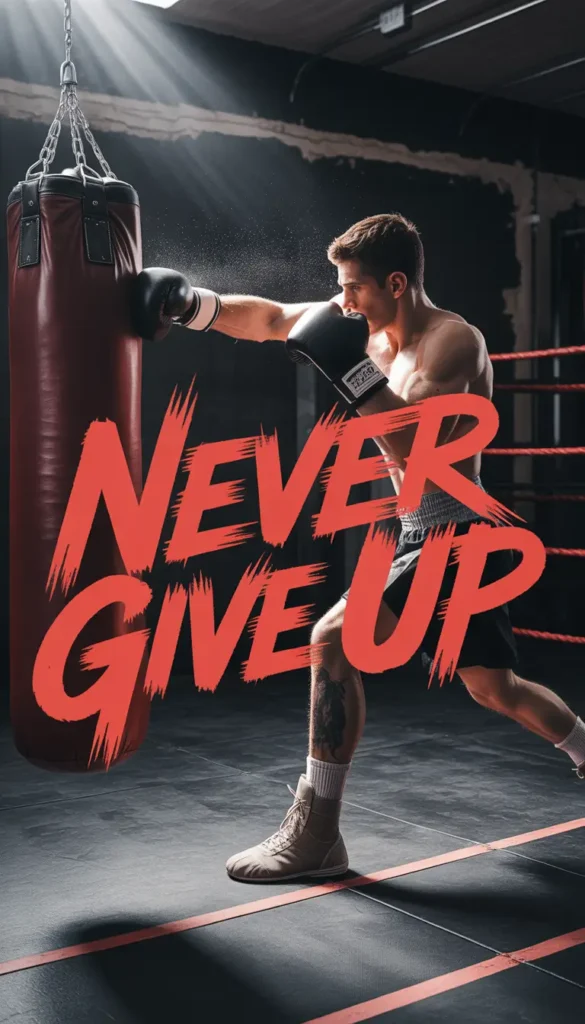 Boxer punching heavy bag with Never Give Up text, wallpaper-motivation-gym showing strength, grit, and intense training energy