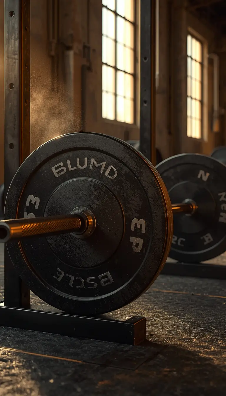 Wallpaper motivational gym showing a loaded barbell with weight plates in a sunlit training gym environment