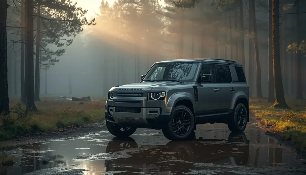 wallpaper-of-cars-for-iphone showing a grey Land Rover Defender on a muddy forest road with morning sunlight and mist, high quality background