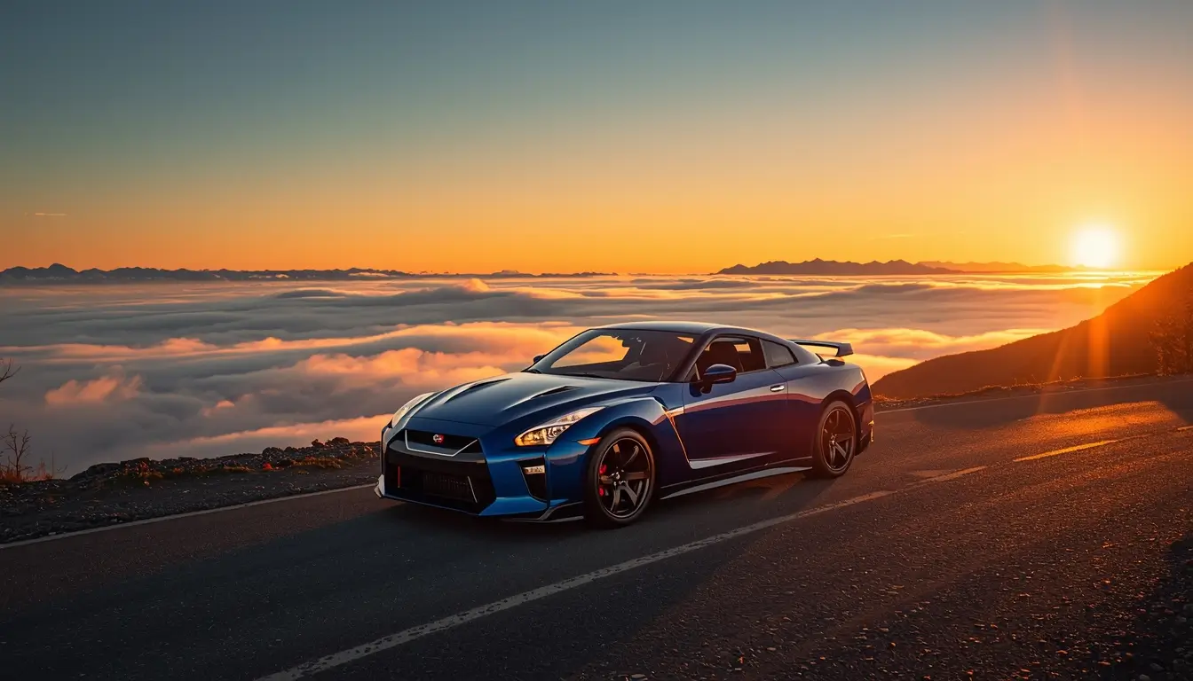 Blue sports car on mountain road at sunset - wallpaper-of-cars-for-iphone