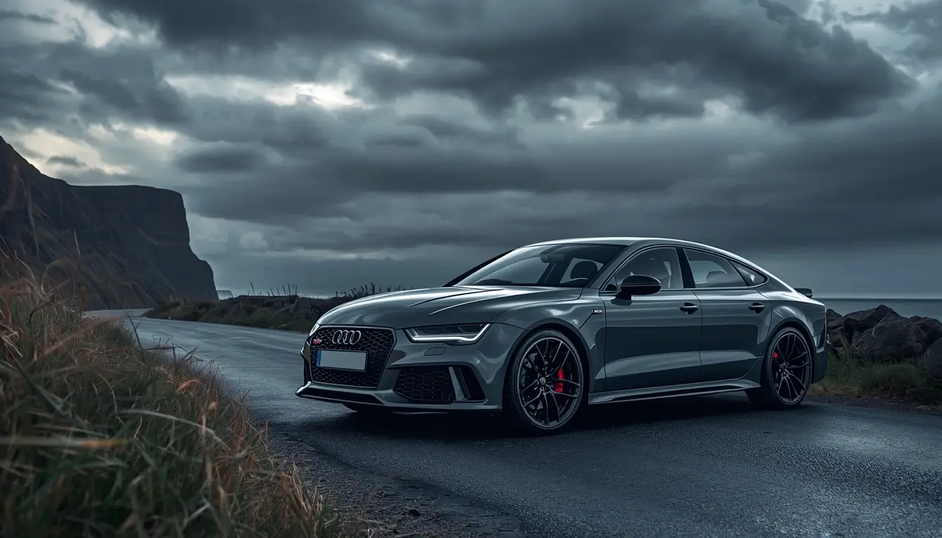 Grey sports car on coastal road under cloudy sky - wallpaper-of-cars-for-iphone