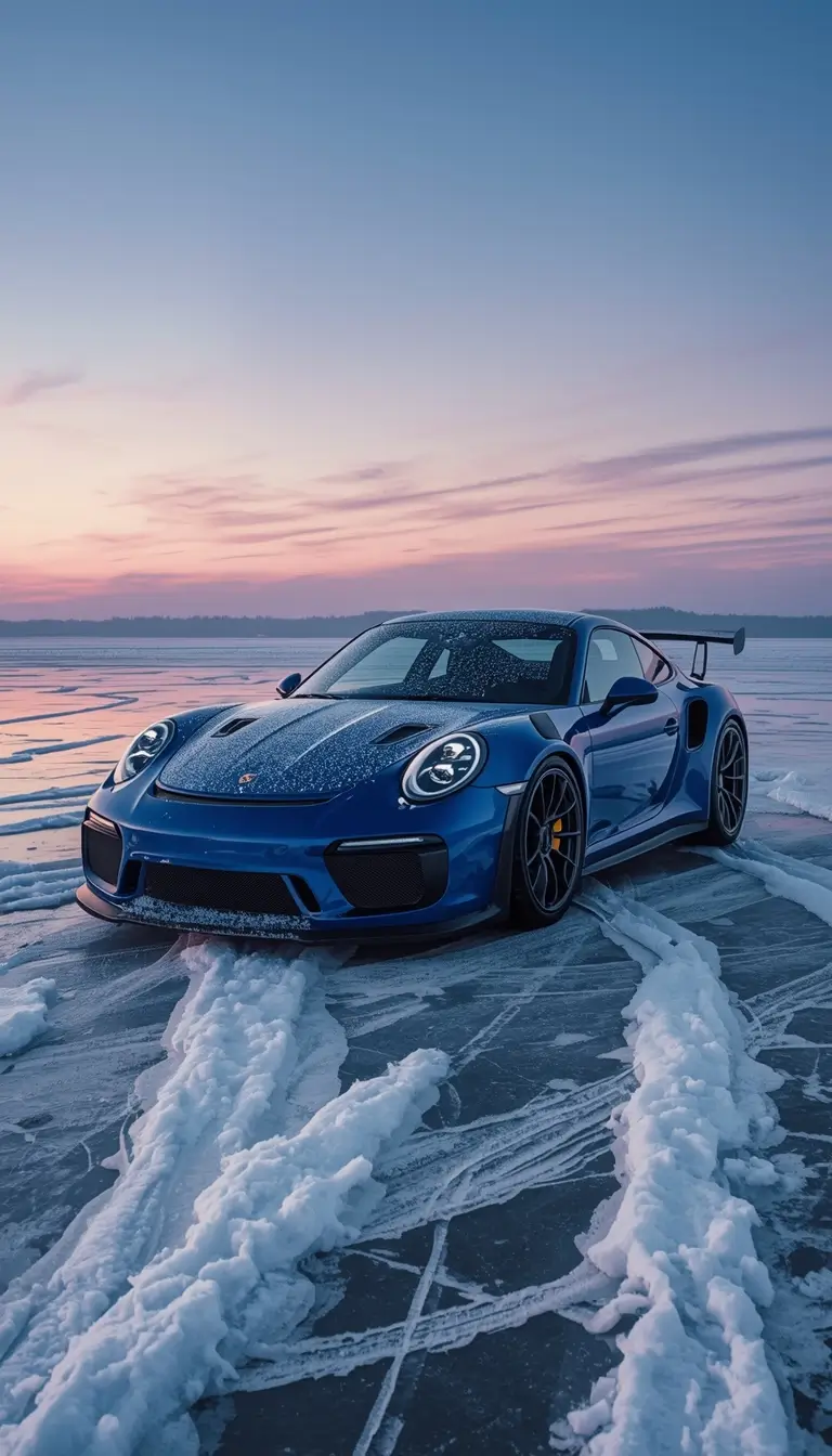 wallpaper-of-cars-for-iphone showing a blue Porsche sports car parked on a frozen lake with snow tracks at sunset, high quality iphone background