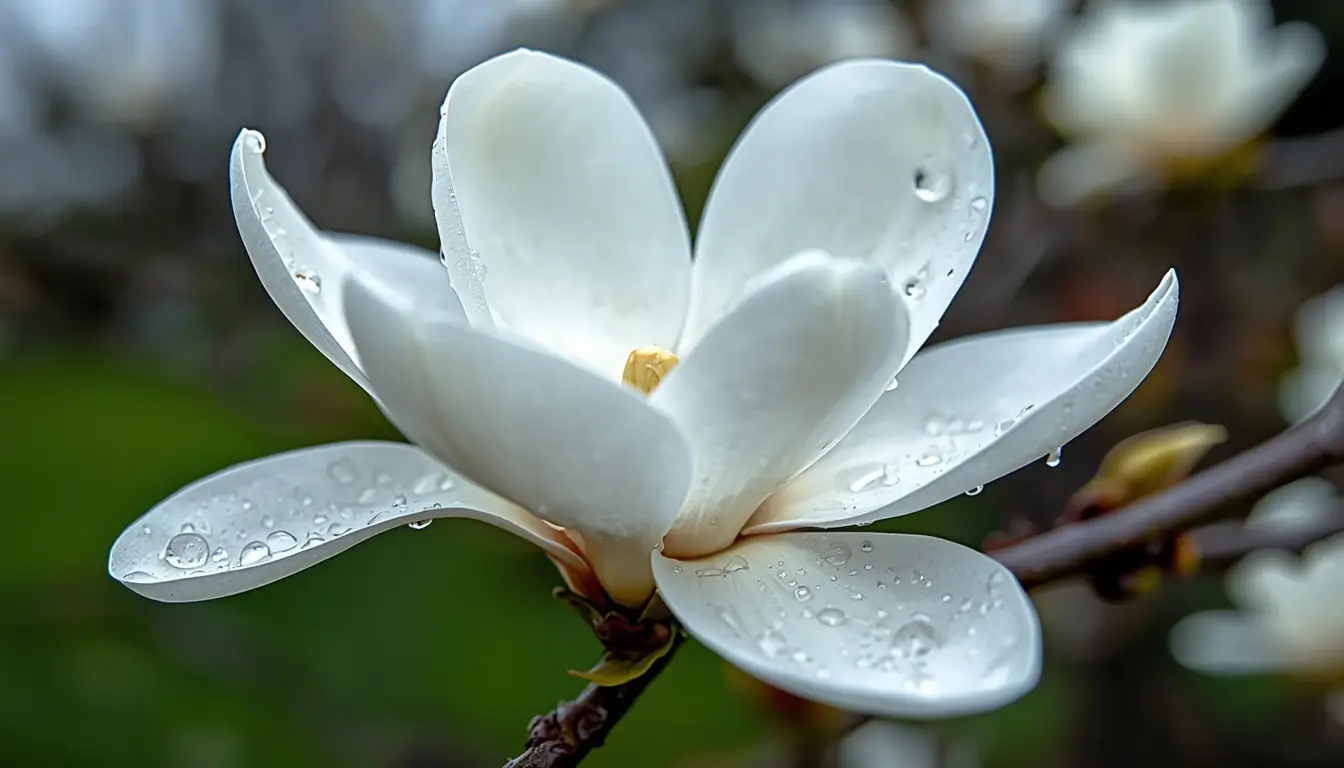 Macro white magnolia flower with water droplets elegant white flower wallpaper for phone and desktop background