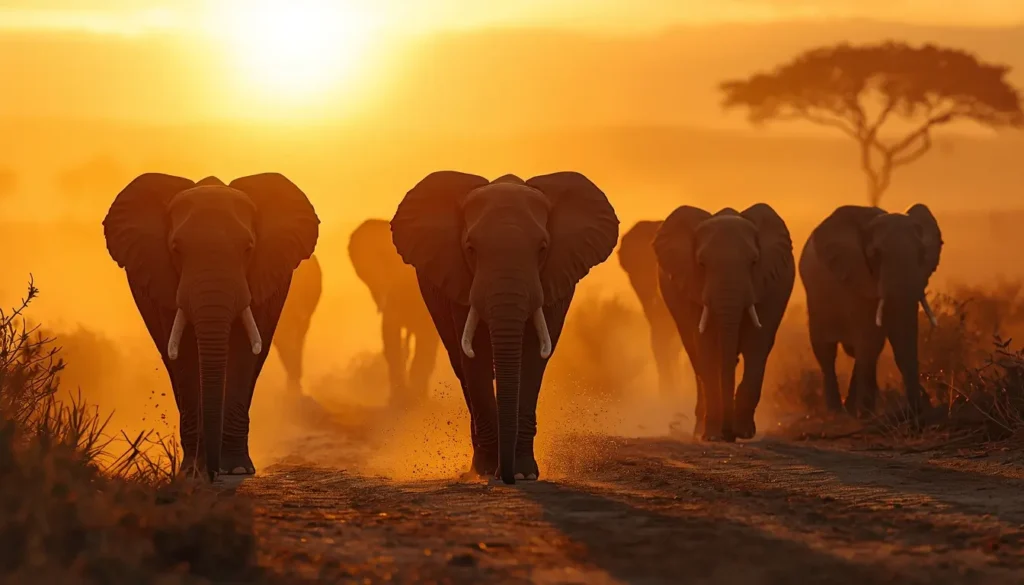 Elephant herd walking at sunset dusty path wildlife scene wild-animals-photos animal-wallpaper photo-of-animals nature