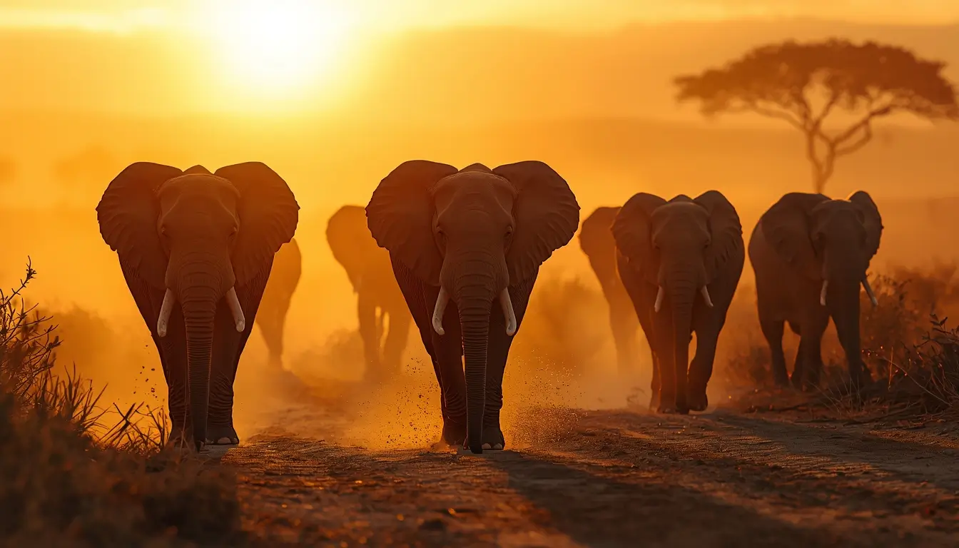 Elephant herd walking at sunset dusty path wildlife scene wild-animals-photos animal-wallpaper photo-of-animals nature