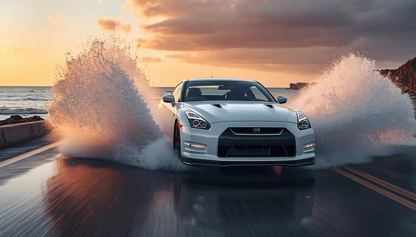A white sports car driving through water creating a large splash on a coastal road at sunset with dramatic reflections - 4k-car-wallpaper
