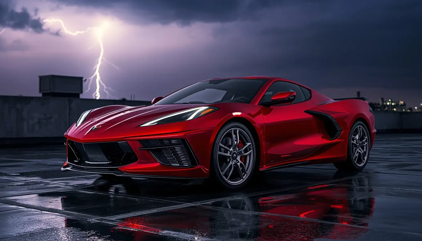 A red sports car parked on a wet surface with lightning in the background creating a dramatic scene - 4k-car-wallpaper