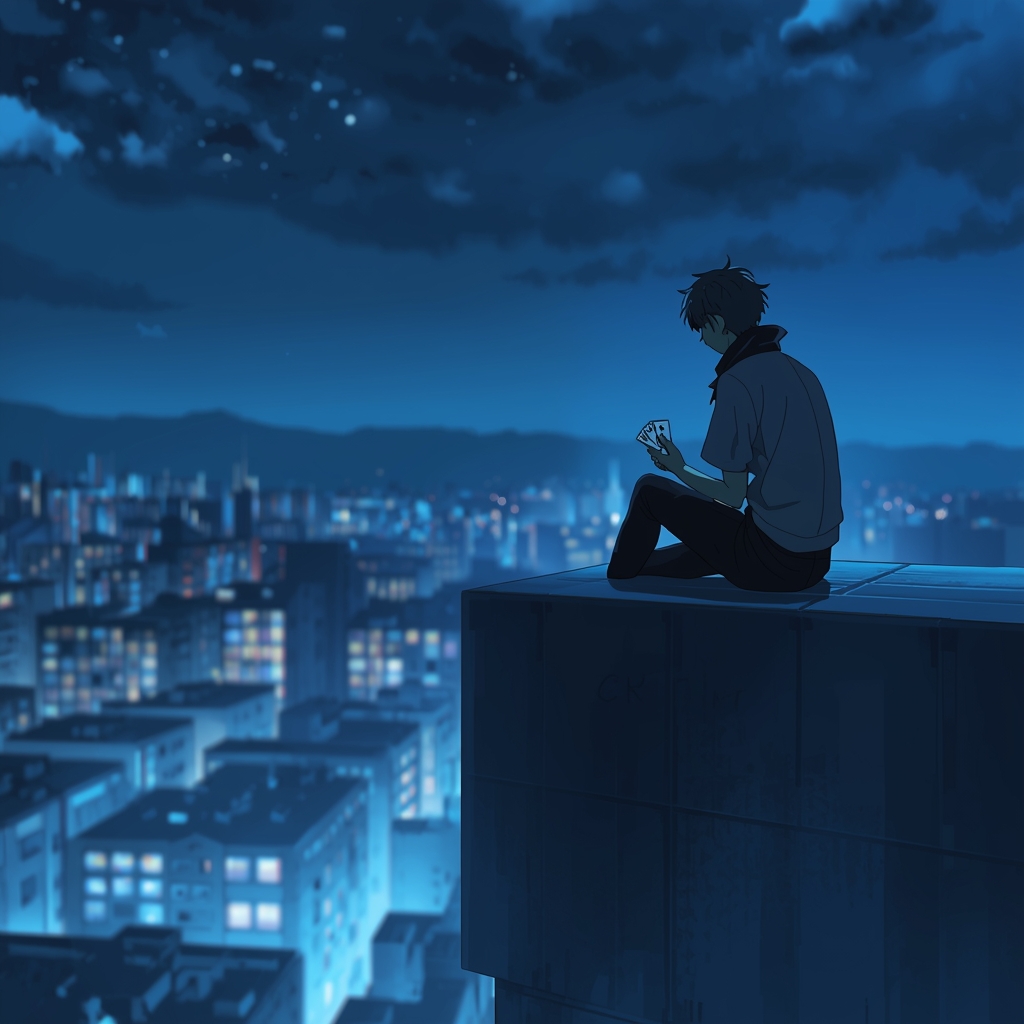 aesthetic-gambit-wallpaper-4k-for-pc anime style Gambit sitting on rooftop at night looking at cards with city skyline lights and calm blue aesthetic background.